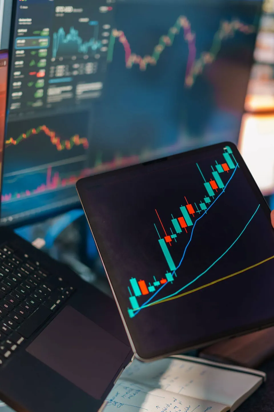 Courbes financières sur tablette et ordinateur